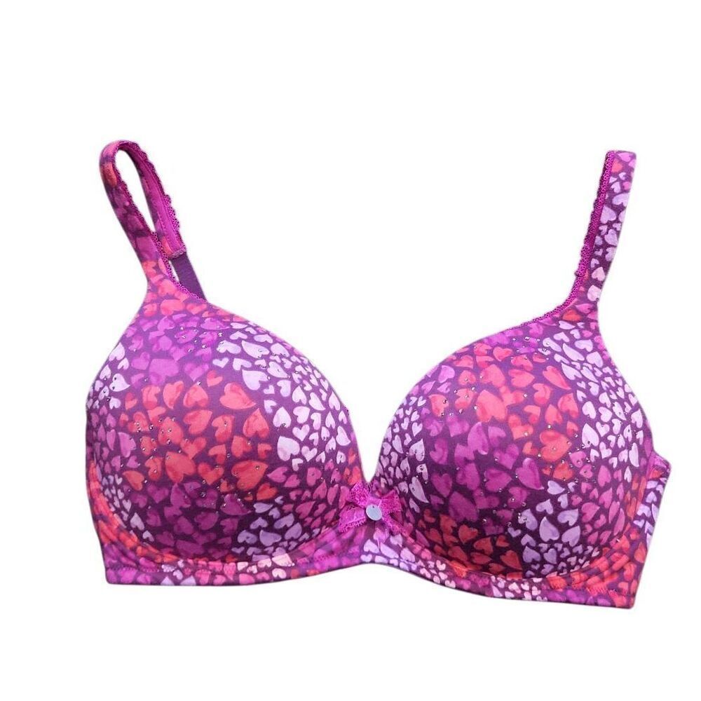 Victoria's Secret Bra Women's 34D Purple Wireless Padded Pushup Hearts Lace